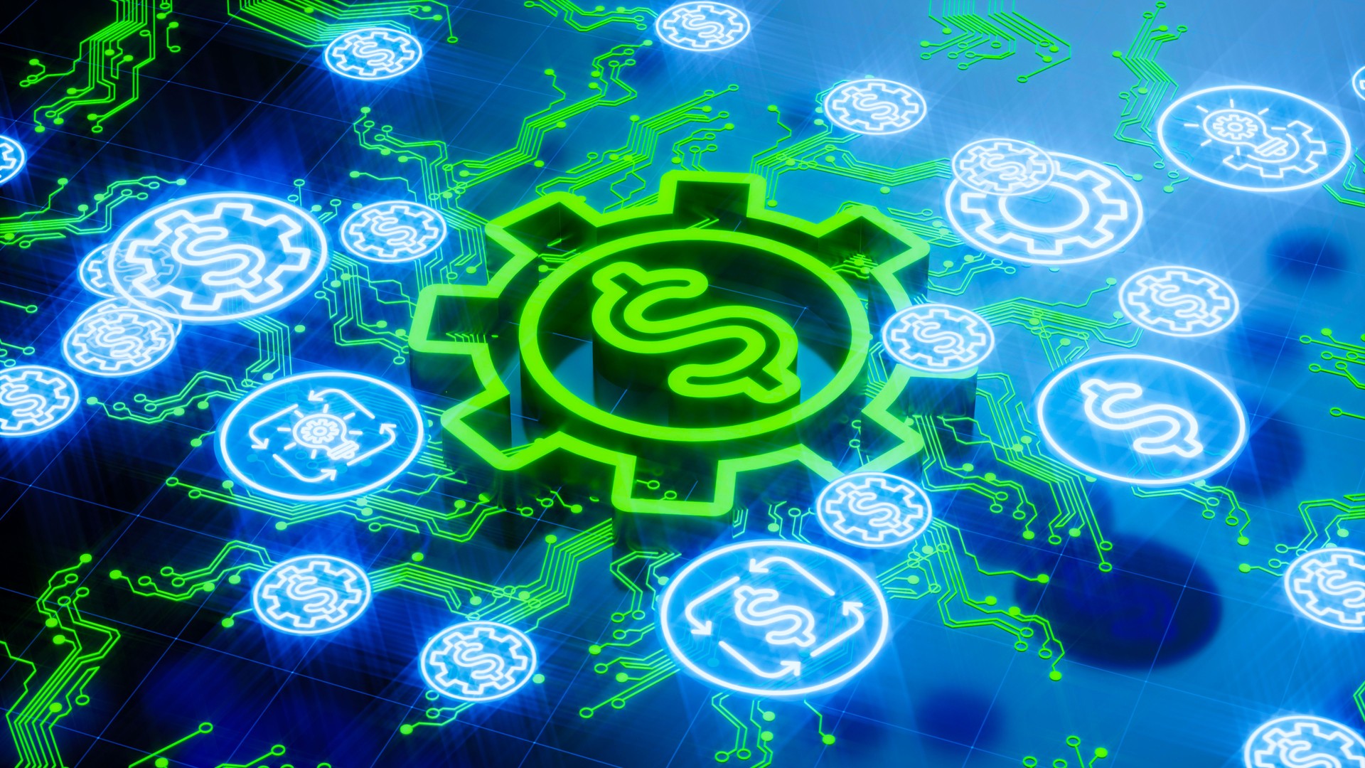 Glowing dollar symbol, cryptocurrency network, neon green dollar symbol, blue blockchain links, futuristic finance tech, global economy, cyberpunk aesthetic. 3D render.