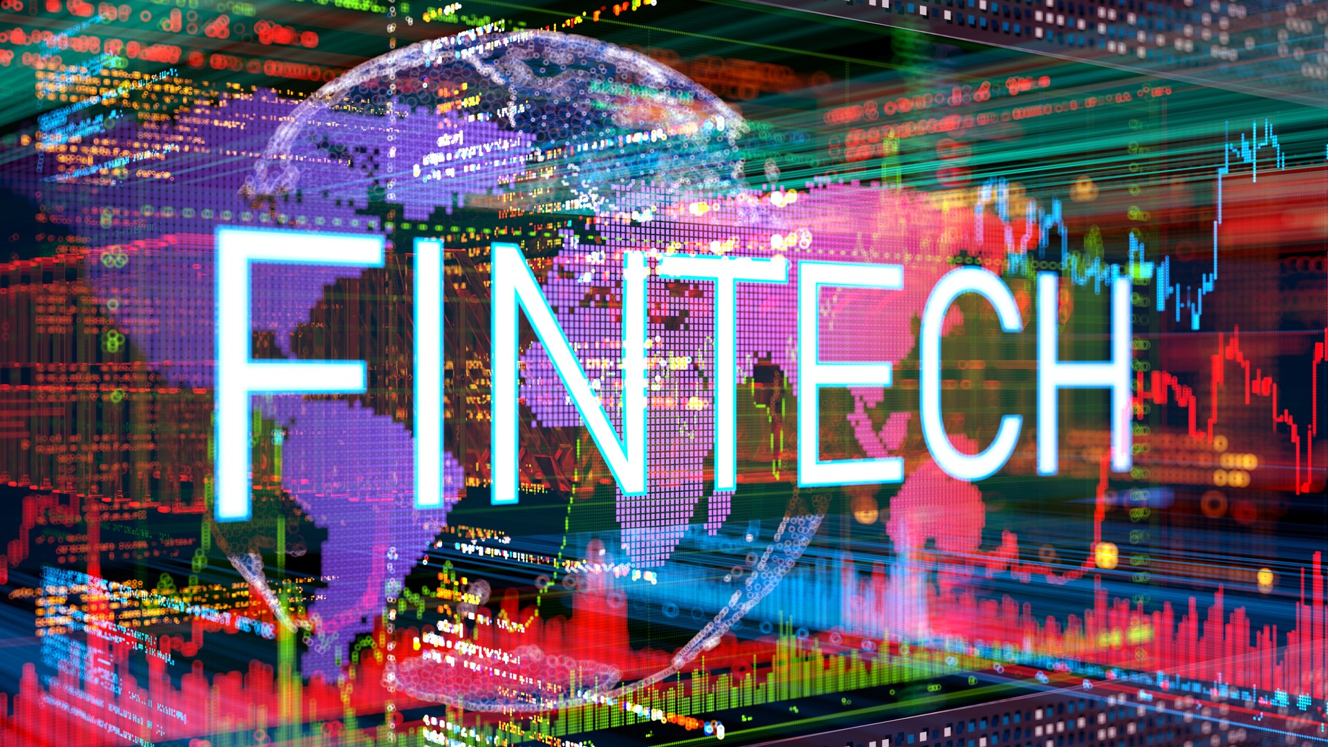 Fintech - financial technology. text on digital display with business graph data